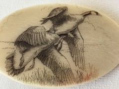 Vintage geese in flight carved belt buckle 3.5”x2.25” Stone Etched And Inked