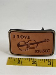 I Love Music Belt Buckle Leather And Metal, Country, Violin Fiddle, VGC