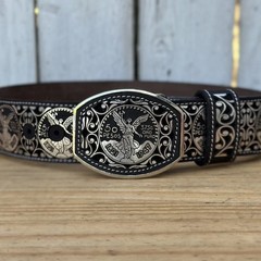 Genuine Laser Cut Leather Centenario Western Belt with Removable Buckle – Silver