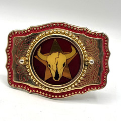 Western Longhorn Bull Skull Belt Buckle – Gold And Red Color