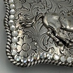 Western Horse Belt Buckle Silver Tone Floral Engraved Rhinestone Border Rodeo