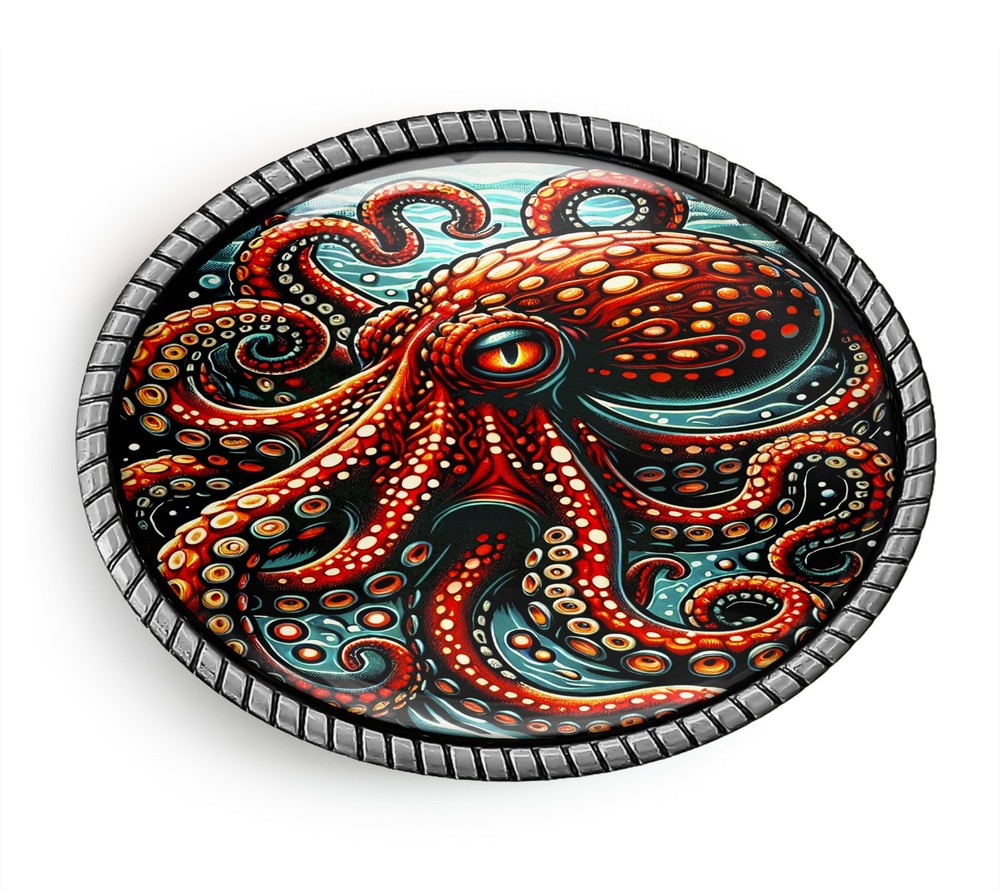 Kraken Belt Buckle – Colorful Octopus Art, Antique Silver or Gold, Handmade Oval