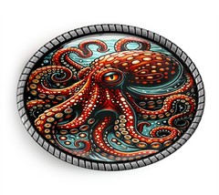 Kraken Belt Buckle – Colorful Octopus Art, Antique Silver or Gold, Handmade Oval