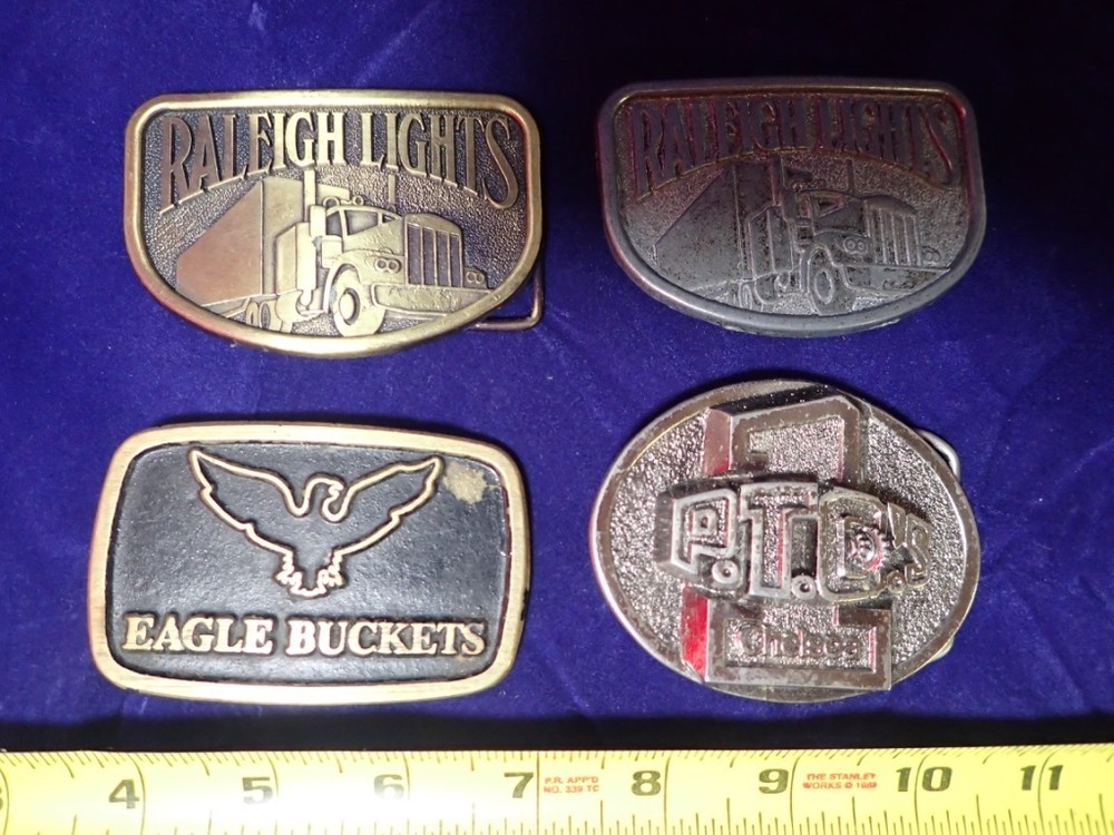 Lot of (4) Trucker Belt Buckles Eagle Buckets Raleigh Lights Power Take Off&rsquo;s