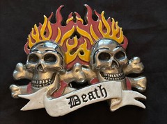 Skulls And Crossbones With Red And Yellow Flames ‘DEATH’ Belt Buckle Biker Goth