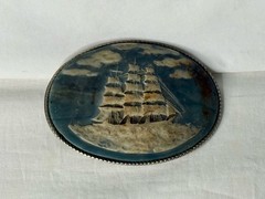 Vintage Incolay Stone SAILING SHIP Belt Buckle