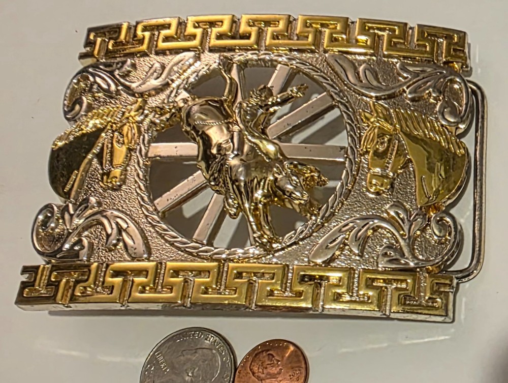 Vintage Metal Belt Buckle, Big Size, Brass and Silver, Bull Riding, Horses