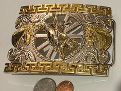 Vintage Metal Belt Buckle, Big Size, Brass and Silver, Bull Riding, Horses
