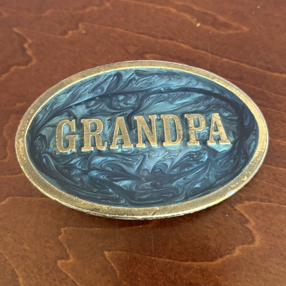 Vintage 1980s Brass Grandpa Oval Blue Teal Enamel Belt Buckle USA
