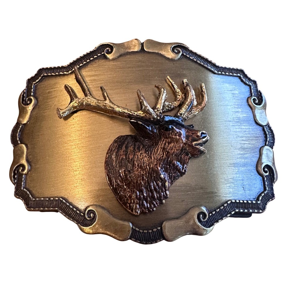 Raintree Belt Buckle Mens Gold Vintage 1977 1978 Elk Deer Moose 3D Relief Rustic