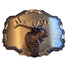 Raintree Belt Buckle Mens Gold Vintage 1977 1978 Elk Deer Moose 3D Relief Rustic