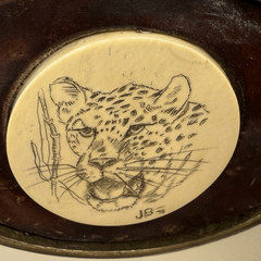 Vintage Barlow 1978 Brass authentic Scrimshaw and leather Buckle signed