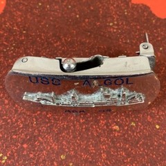 U.S. Navy belt buckle. “U.S.S. Algol AKA-54. Raised ship graphic.