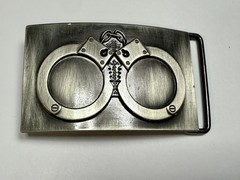 Hand Cuffs Raised Handcuffs on Silver Color Rectangular Belt Buckle
