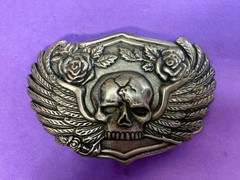 Skull with Wings Roses Halloween Gothic Punk Biker Vibe Silver Tone Belt Buckle