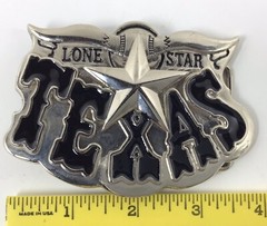 Lone Star TEXAS Belt Buckle 4&Prime; Longhorn Texan Silver & Black Enamel Vintage