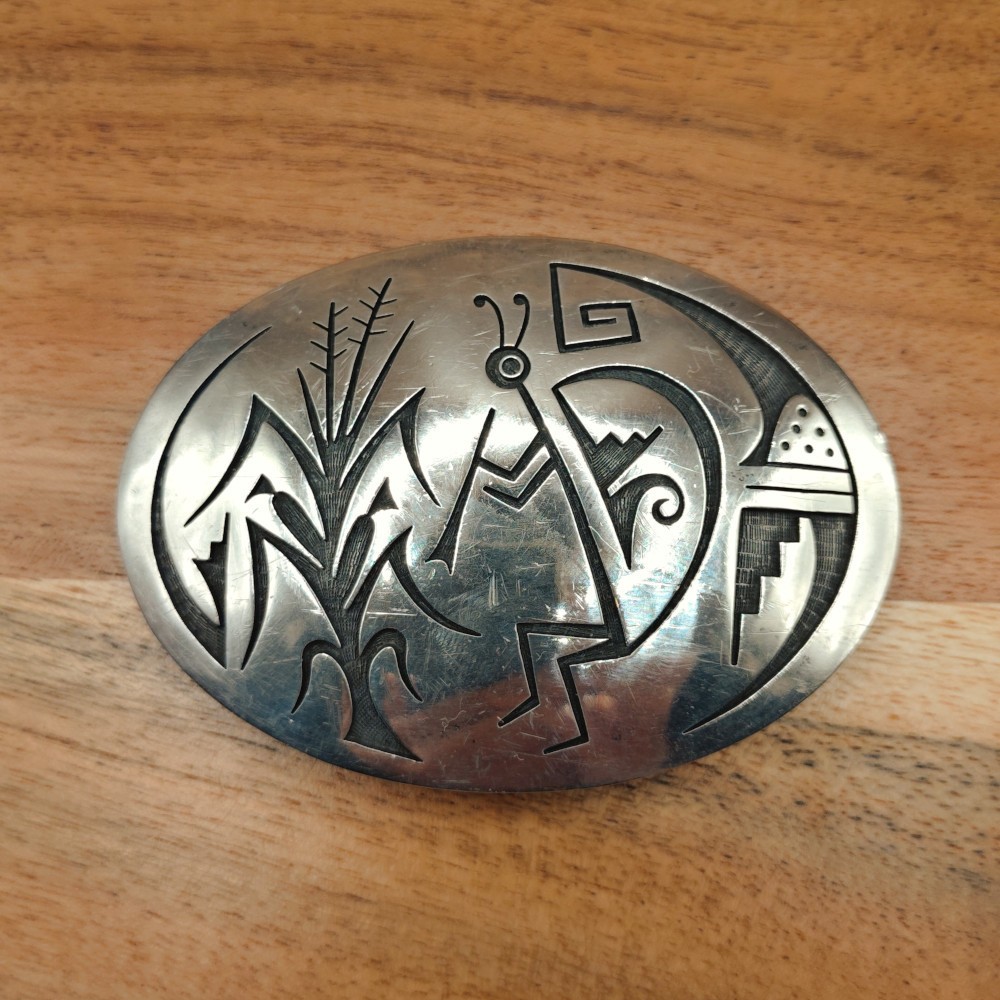 Hopi Pueblo Mitchel Sockyma MS Kokopelli Overlay Sterling Silver Belt Buckle