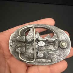 NICE PEWTER 1990 C + J INC DEER SCENE AND ANTLER BELT BUCKLE MADE IN USA
