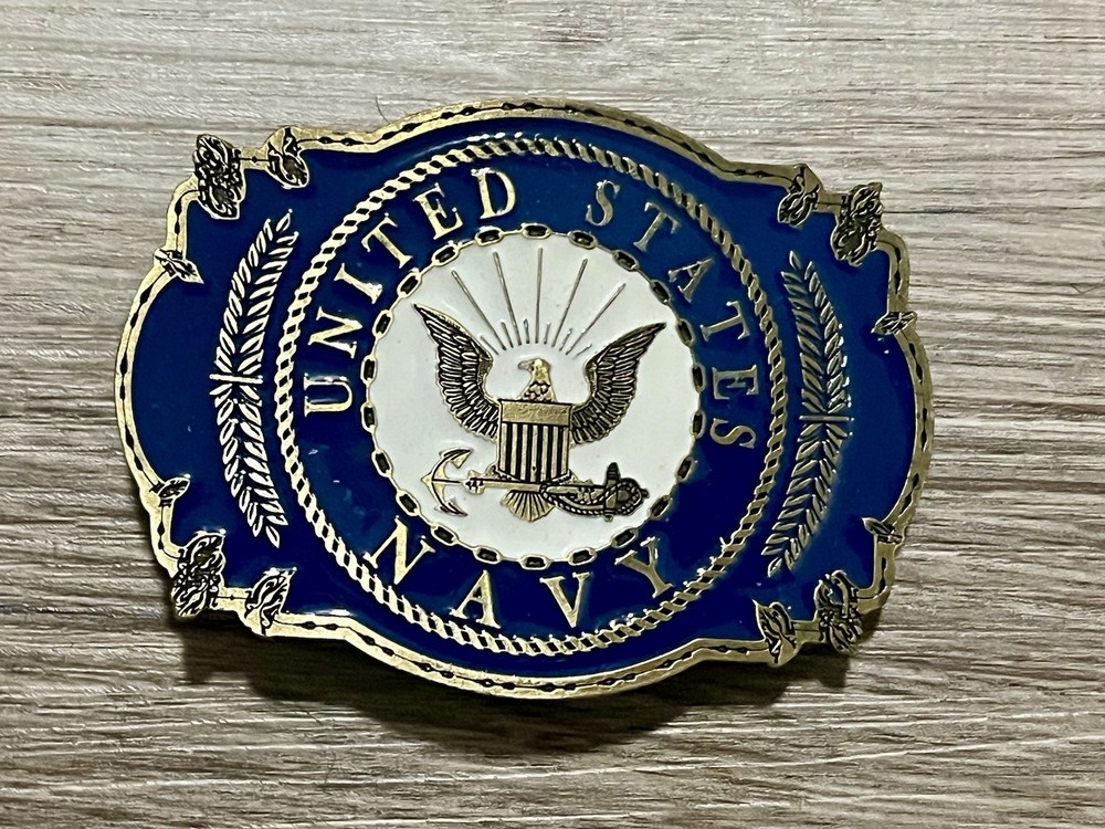 Vintage United States Navy Brass Belt Buckle EEInc 1999 Blue Enamel Made In USA