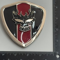 Skull Flames Shield Belt Buckle Silver Tone Red Black Metal