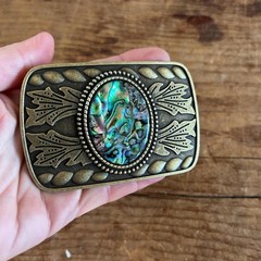 Abalone Shell Belt Buckle Engraved Silver Turquoise Inlay Fits 1.5 Inch Belt