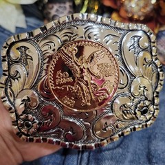 Centenario Cowboy Belt Buckle Western Silver With RoseTone Faux 50 Peso Concho
