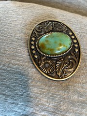 Teal Turquoise Stone Western Belt Buckle Cowboy Brass Agate Inlay 1.5in Strap
