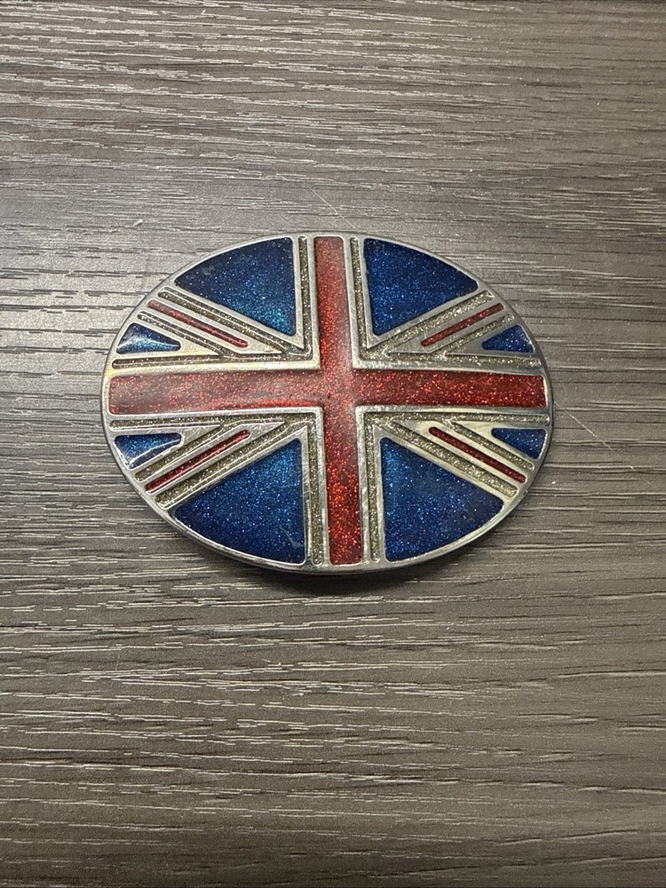 Vintage British Flag Belt Buckle Union Jack Glitter Enamel On Silver Tone Metal