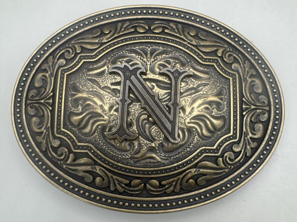 Old English / Gothic Initial “N” Bronze And Gold Tone Western Cowboy Belt Buckle