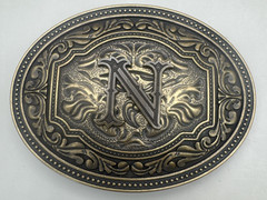 Old English / Gothic Initial “N” Bronze And Gold Tone Western Cowboy Belt Buckle