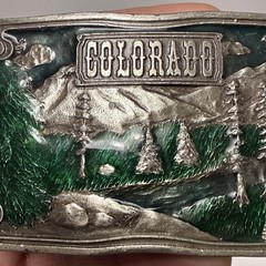 VTG 1976  » COLORADO  » BERGAMOT Brass Works Enamel DIX Leather BELT BUCKLE – NICE