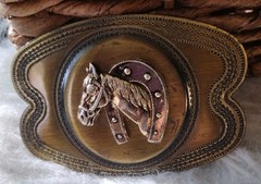 Vtg Horse Head Belt Buckle With Horseshoe Collar Brass Tone Japan