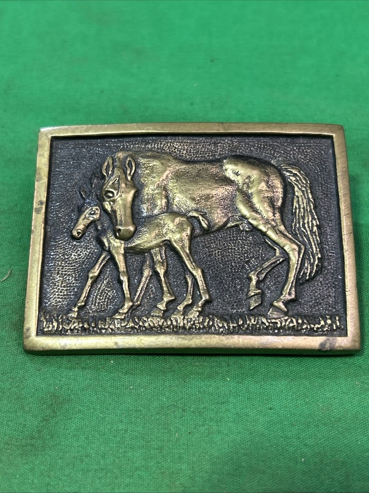 BTS Solid Brass Horse and Foal Belt Buckle Made in USA 1978 Vintage Western