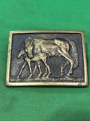 BTS Solid Brass Horse and Foal Belt Buckle Made in USA 1978 Vintage Western