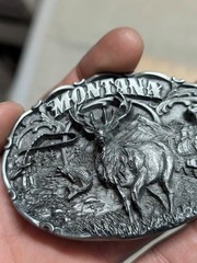 vintage MONTANA belt buckle ELK heavy pewter WESTERN train FLY FISHING siskiyou