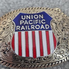 Union Pacific Railroad Belt Buckle Mens Silver Enamel Western Train Logo