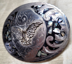 Vintage Alpaca Mexico Eagle Abalone Shell Mother Pearl Inlay Belt Buckle