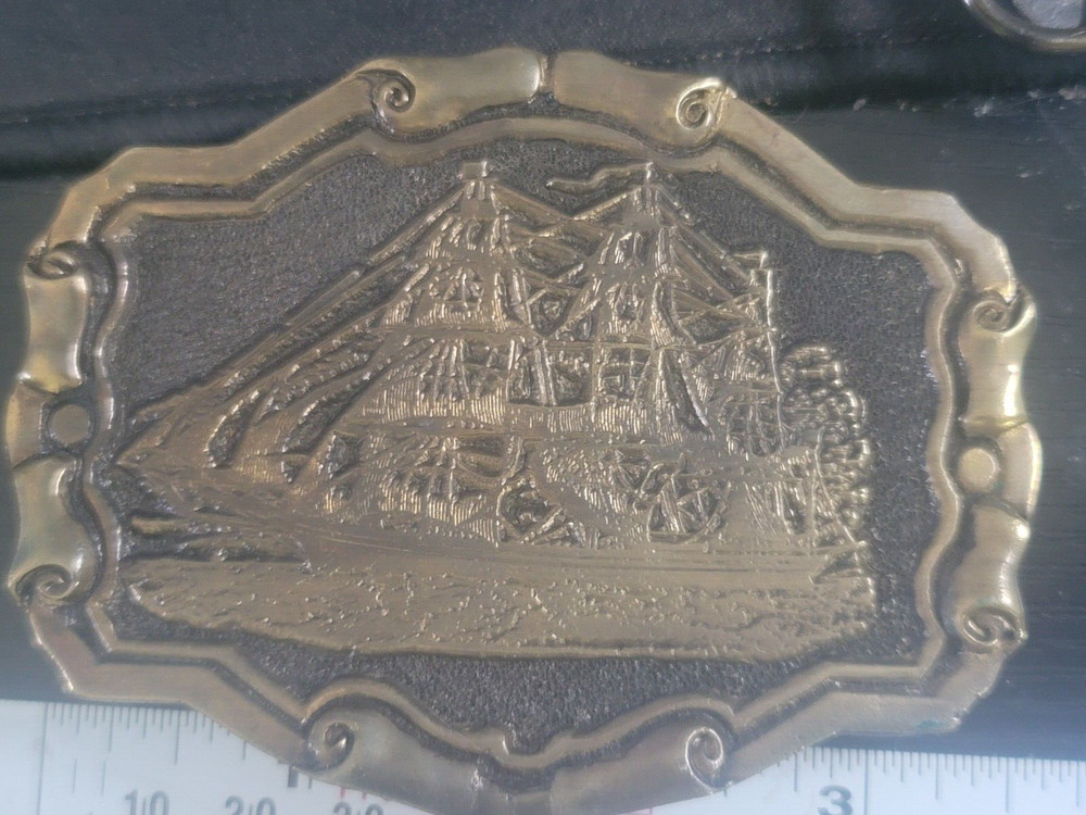 Tall Ship Adezy Denver Bronze Belt Buckle with Rare Scroll Frame Vintage 1978