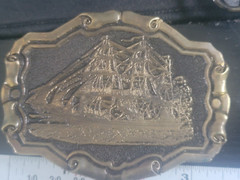 Tall Ship Adezy Denver Bronze Belt Buckle with Rare Scroll Frame Vintage 1978