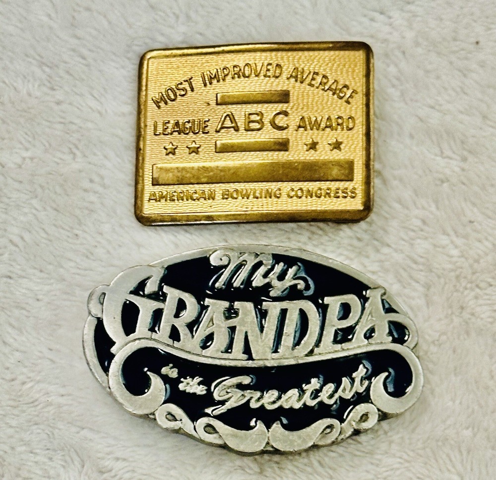 Vintage Lot 2 Men’s Belt Buckles 1990 C&J Pewter MY GRANDPA & BOWLING ABC Brass