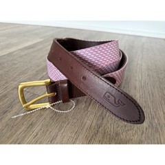Vineyard Vines Pink Whale Print Silk & Leather Belt Solid Brass Buckle Size 54
