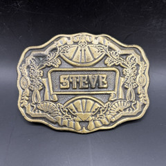 Oden Men&rsquo;s Western Gold Tone Steve Name Plate Floral Antique Belt Buckle 2 in