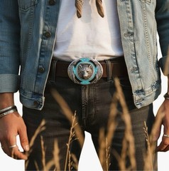 Men Western Belt Buckle Silver Metal Bear Hunter Cowboy Country Design Hunting