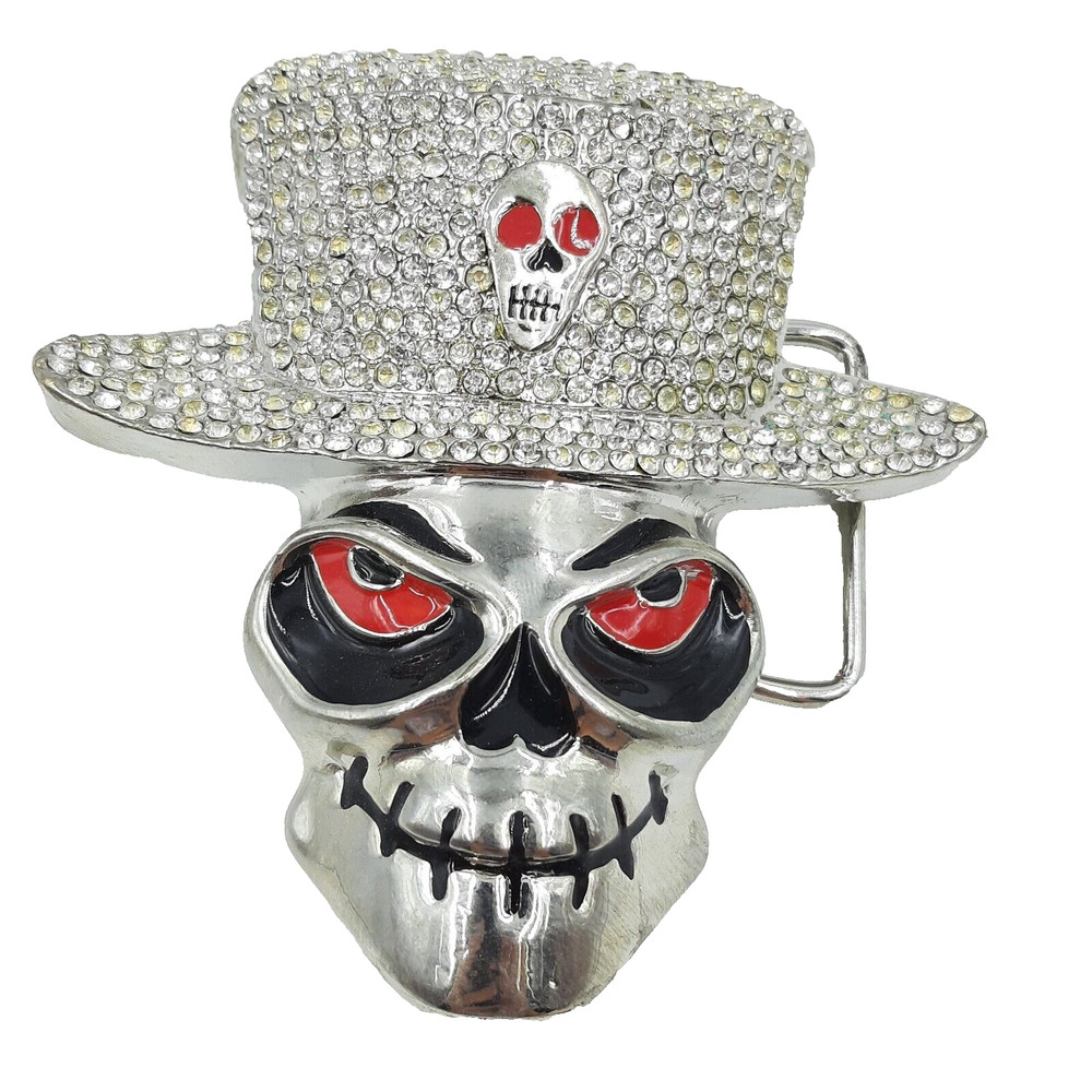Fashion Skull Skeleton With Clear Rhinestone Hat Belt Buckle Silver Toned New