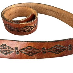 Mens VTG Brown Tooled Leather 38&Prime; Belt Meremac Caverns  » W » + Wagon On Buckle