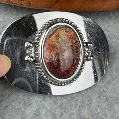 Vtg Style Red Lace Agate Silver Tone Oval Western Belt Buckle
