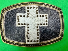 Metallic Theme Religious Cross Studded Design on White Faux Leather Belt Buckle