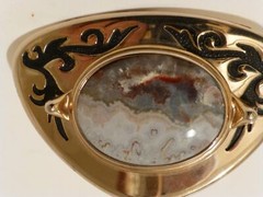 Vintage Agate Polished Stone Belt Buckle Goldtone & Black (SZ2