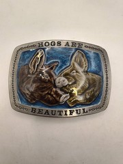 Vintage LE 1979 Hogs Are Beautiful Belt Buckle Pigs Farmer Enameled Heavy # H741