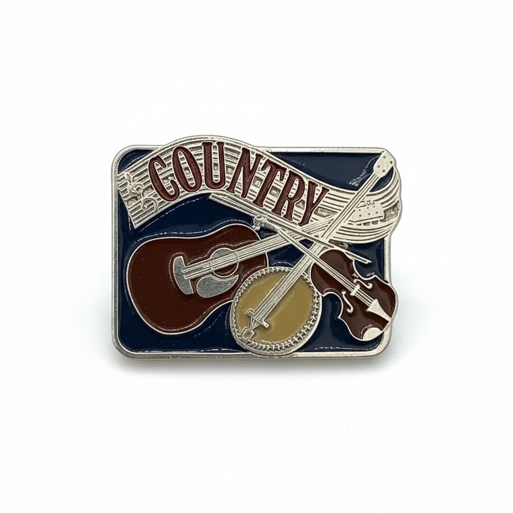 Vintage Country Music Belt Buckle Guitar Banjo Fiddle Made in USA Blue Enamel